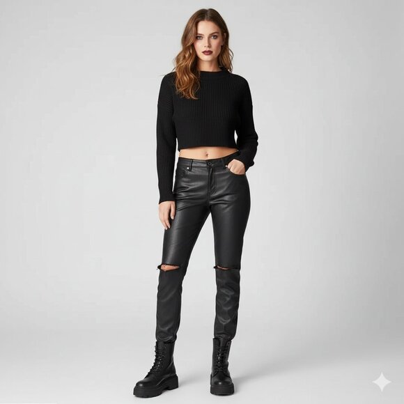 Free People One Teaspoon Faux Leather Pants Leggings Black Straight Leg - Picture 1 of 16